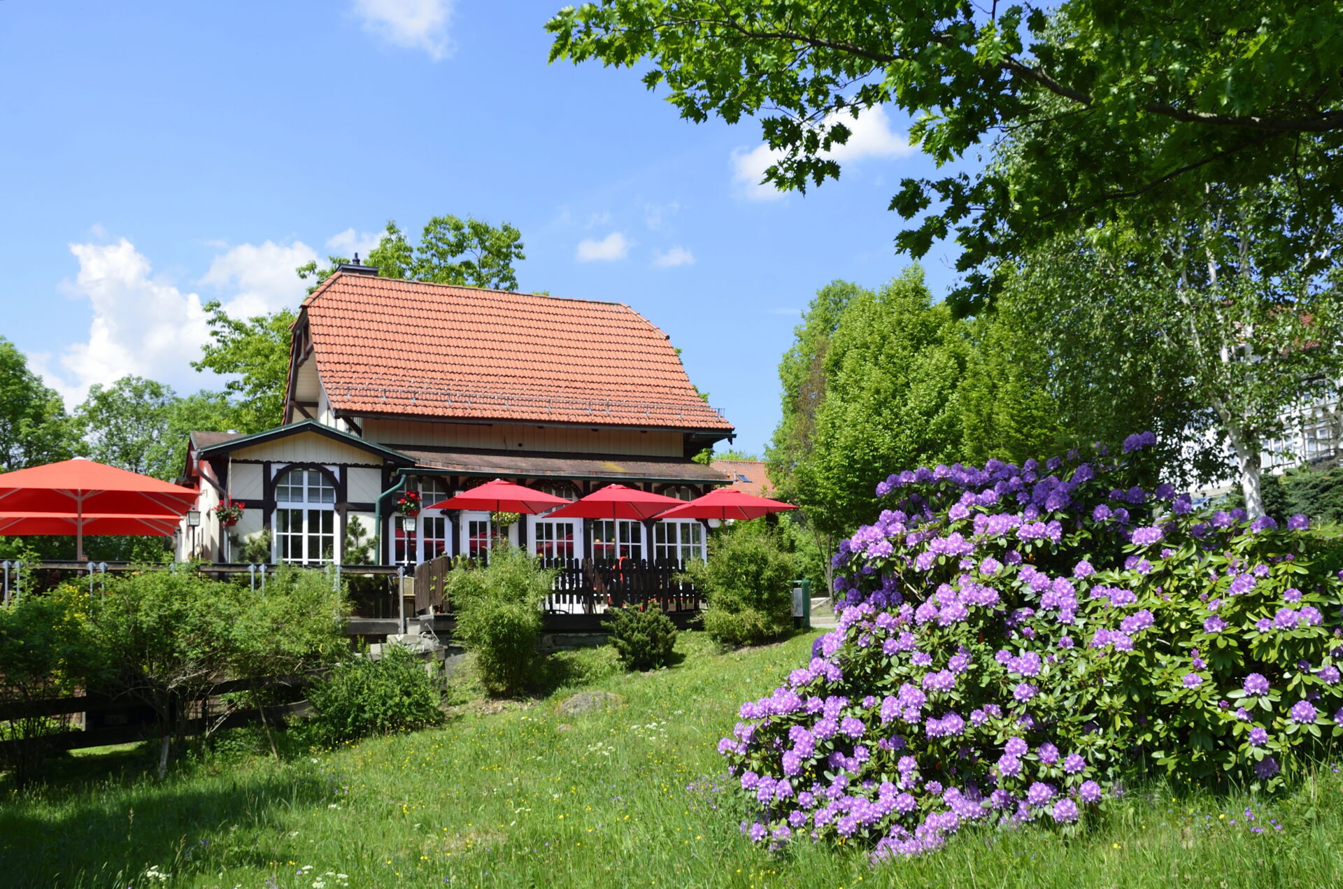 Ein charmantes Wohngebäude mit einem roten Ziegeldach, weißen Wänden und dunklen Holzelementen, umgeben von grüner Vegetation und roten Sonnenschirmen.
